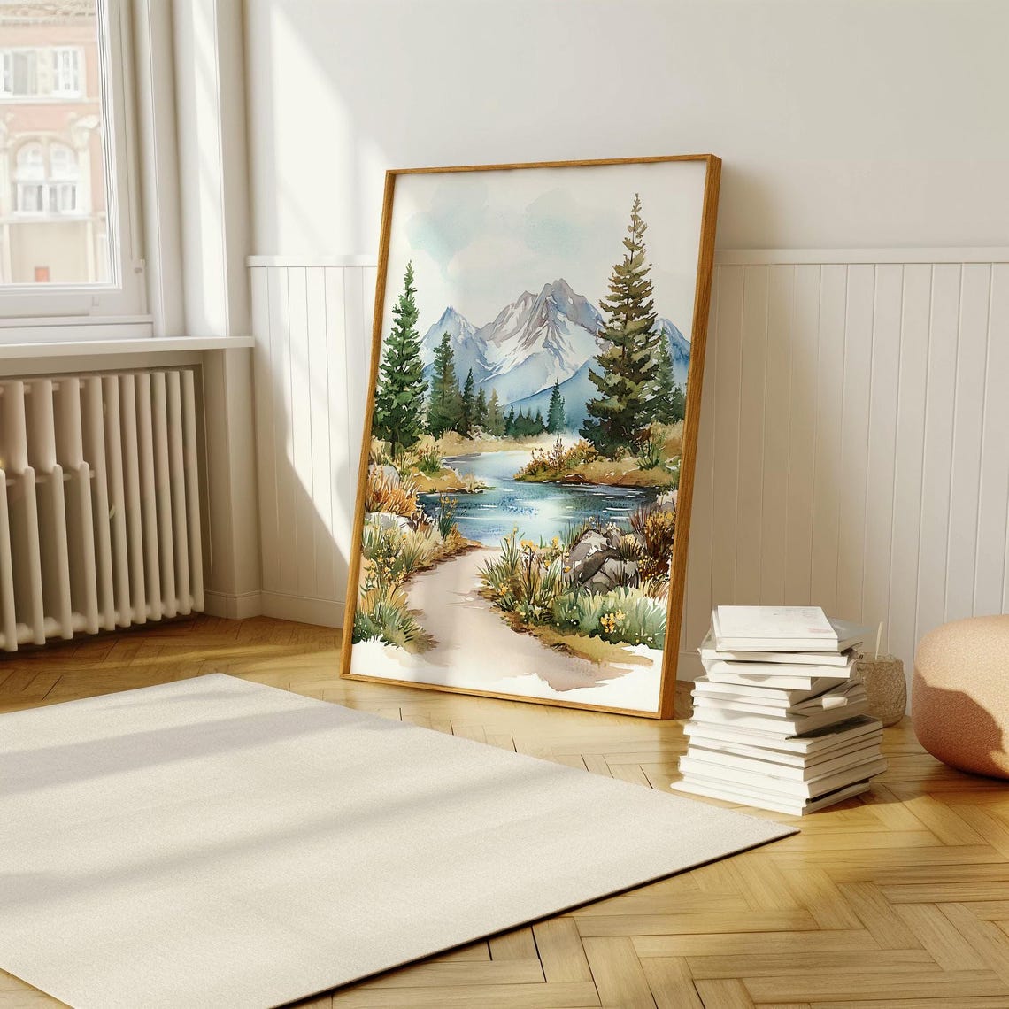 Watercolor Mountain Lake Pine Forest Path Landscape Wall Art - Image 5