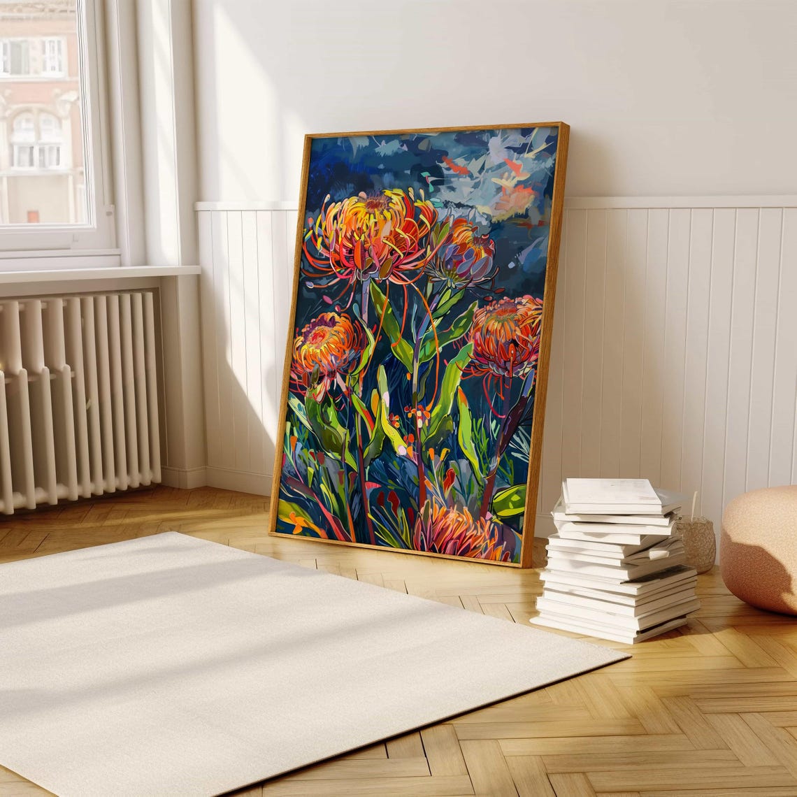 Fiery Protea Pincushion Flowers Night Sky Expressionist Poster - Image 5