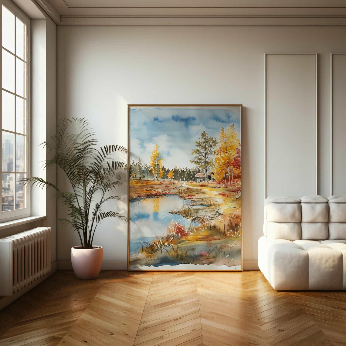 Rustic Autumn Cabin by Lakeside Watercolor Landscape Painting Poster - Image 2