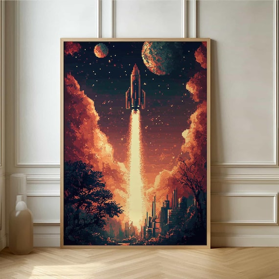 Pixel Art Rocket Launch into Space Retro Gaming Adventure Poster