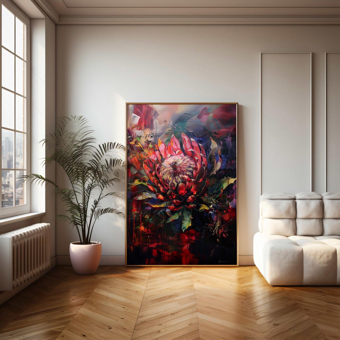 Red King Protea Thick Impasto Brushwork on a Moody Dark Poster - Image 2