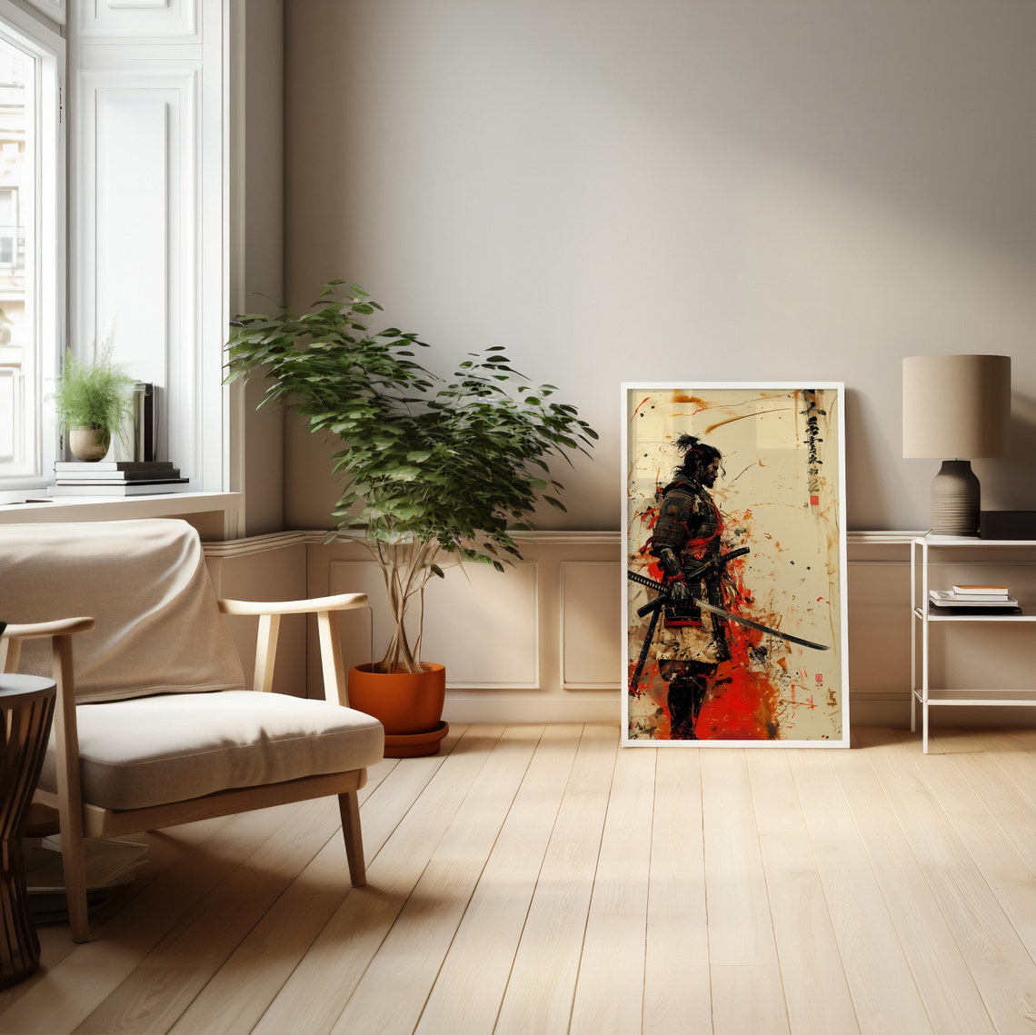 Samurai Warrior With Katana in Red and Black Ink Splash Art Poster - Image 4