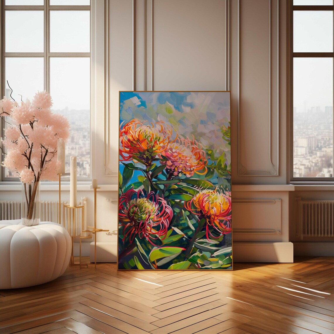 Sunlit Orange Pincushion Protea Impressionist Oil Painting Poster - Image 4