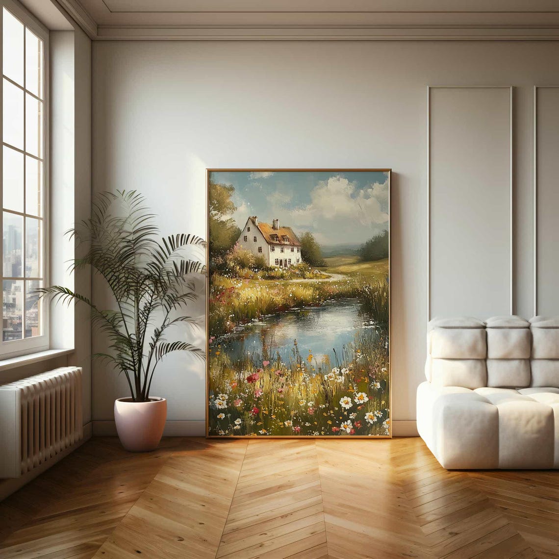White Cottage by a Pond With Wildflowers Impressionist Poster - Image 2
