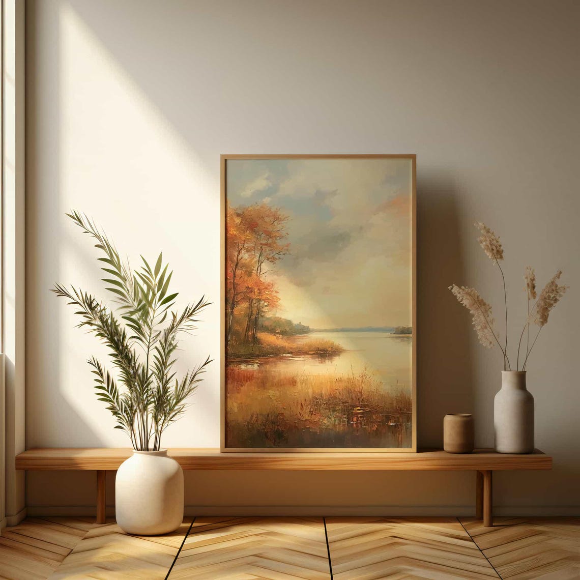 Serene Autumn Lake with Golden Trees Tranquil Landscape Poster - Image 3