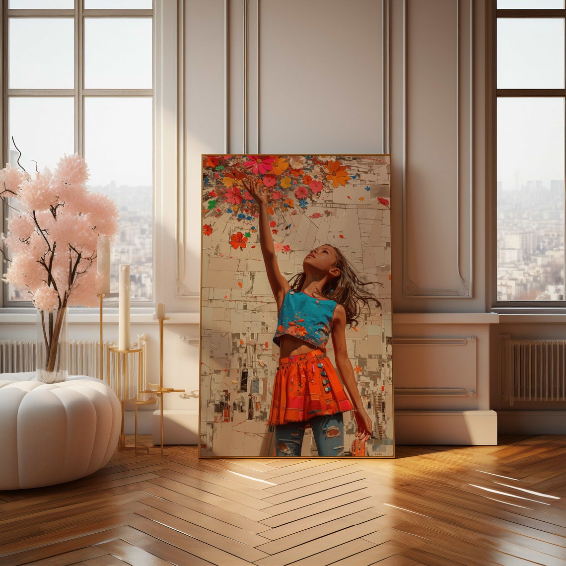 Joyful Child Tossing Flowers Urban Collage Whimsy Art Poster - Image 4