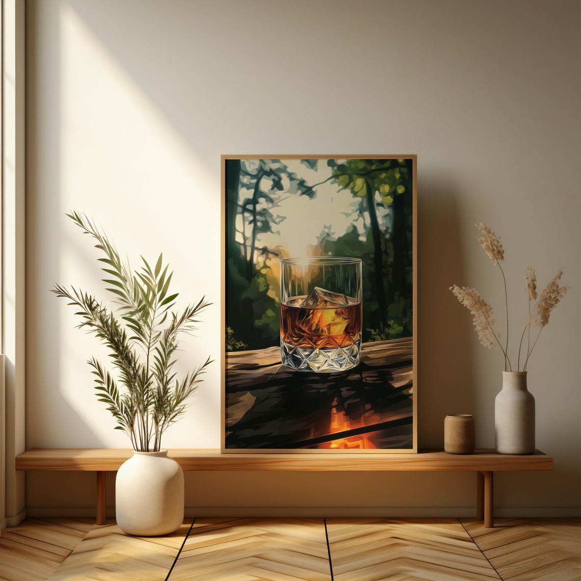 Whiskey Glass on Rocks in a Sunlit Forest Modern Still Life Poster - Image 3