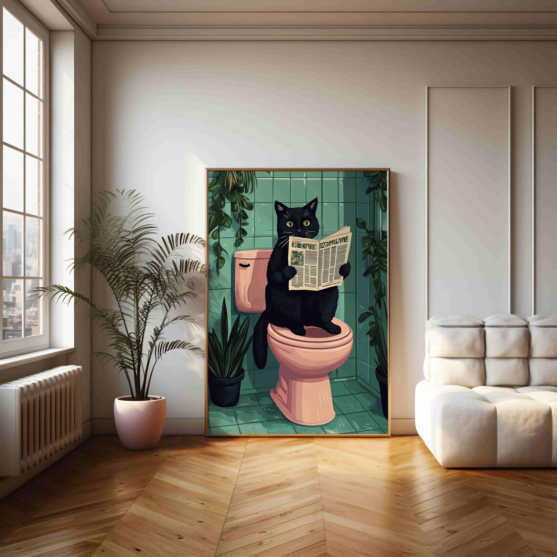 Funny Black Cat Reading Newspaper On Pink Toilet Humor Art Poster - Image 2