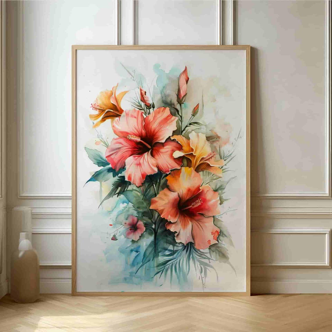 Coral Hibiscus Watercolor Blooms Tropical Floral Wall Poster