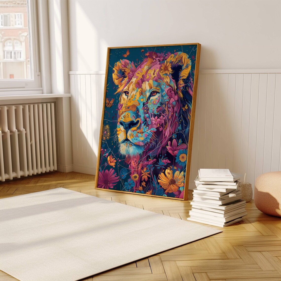 Front Facing Floral Lion Portrait With Butterflies Dark Teal Poster - Image 2