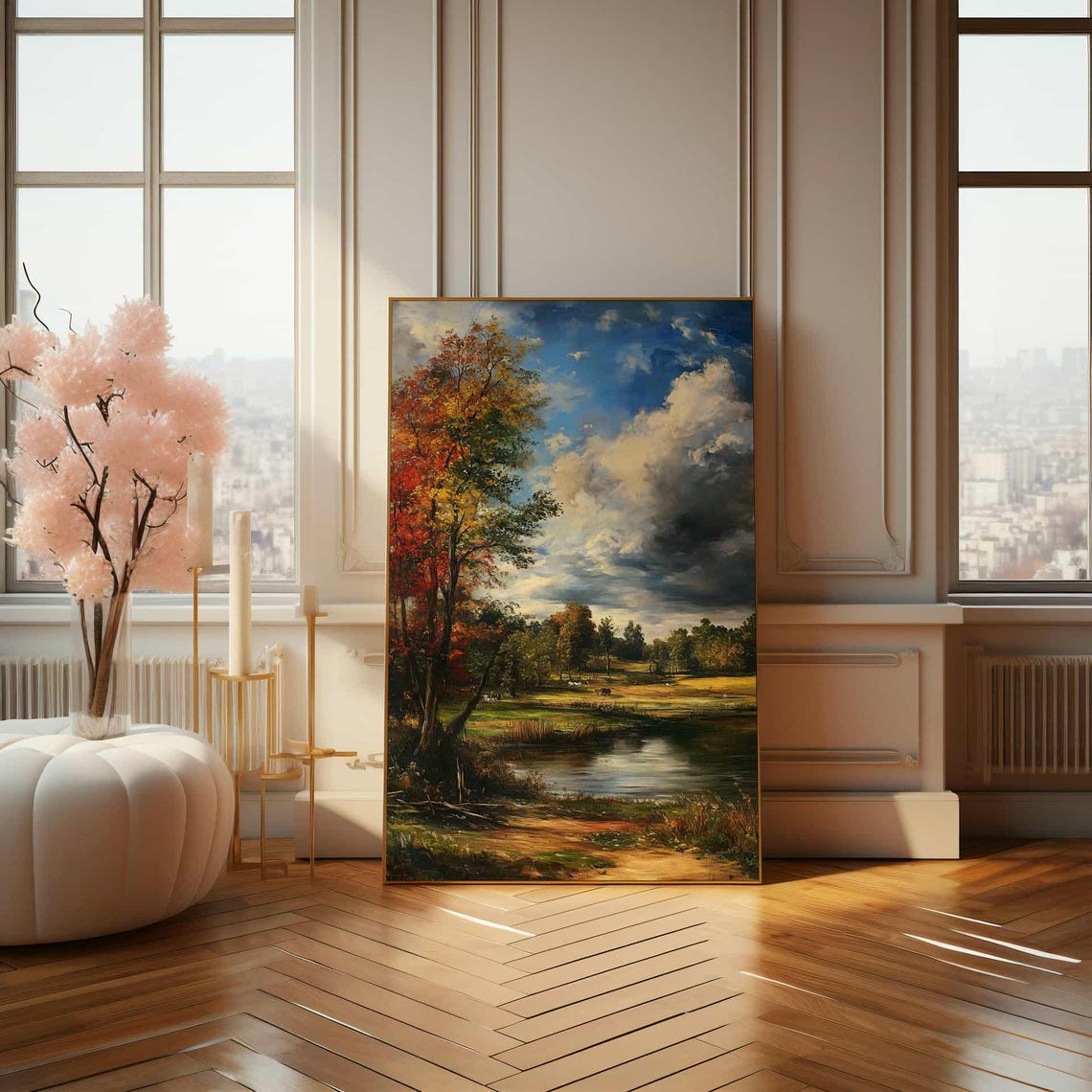 Peaceful Autumn Meadow with Pond and Dramatic Clouds Painting Poster - Image 4