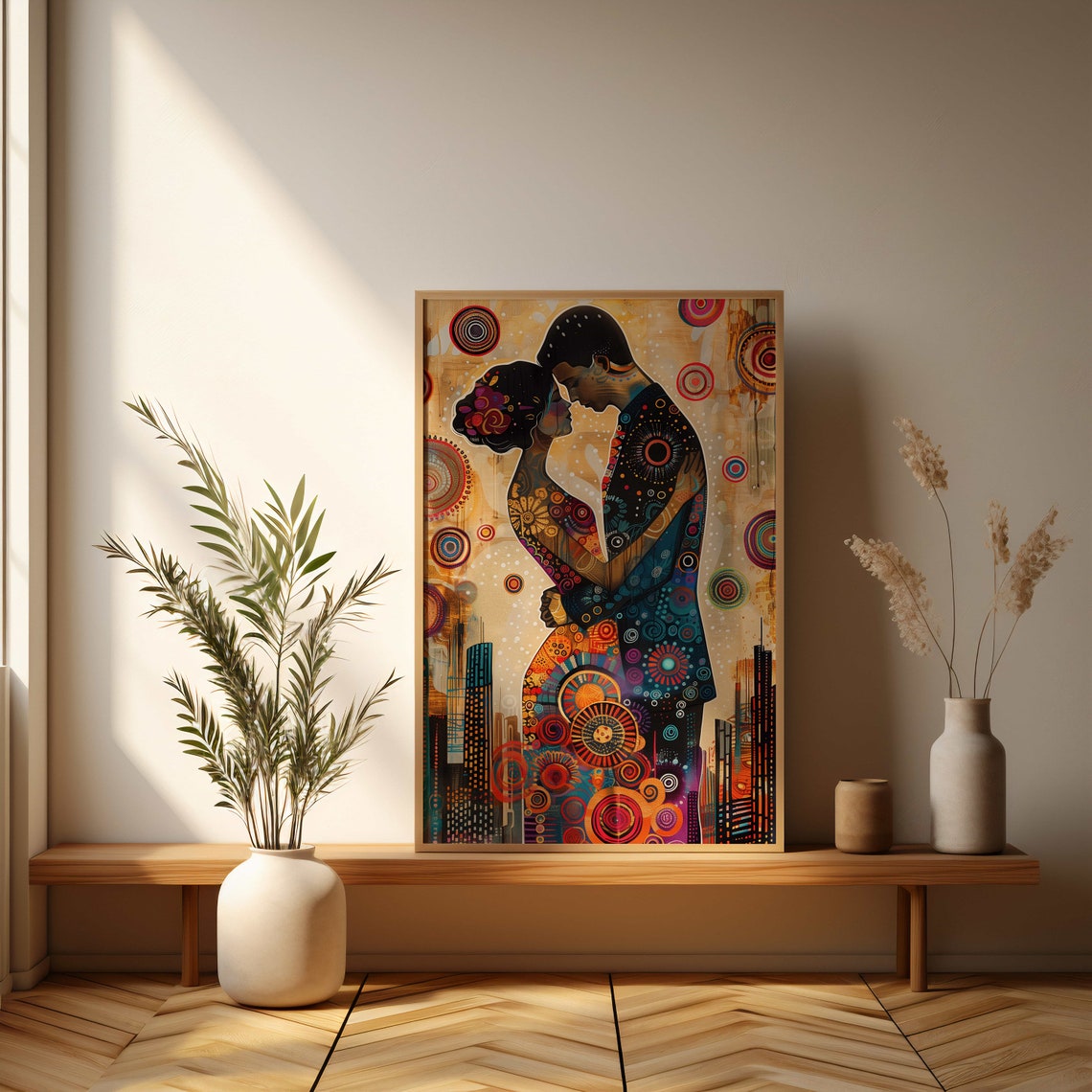 Romantic Couple Embracing African Patterned Celebration Art Poster - Image 3