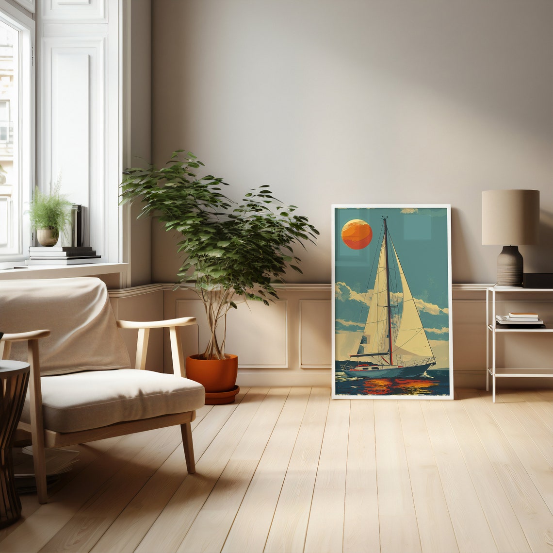 Retro Sailboat Under a Giant Orange Sun on a Teal Sky Art Poster - Image 4