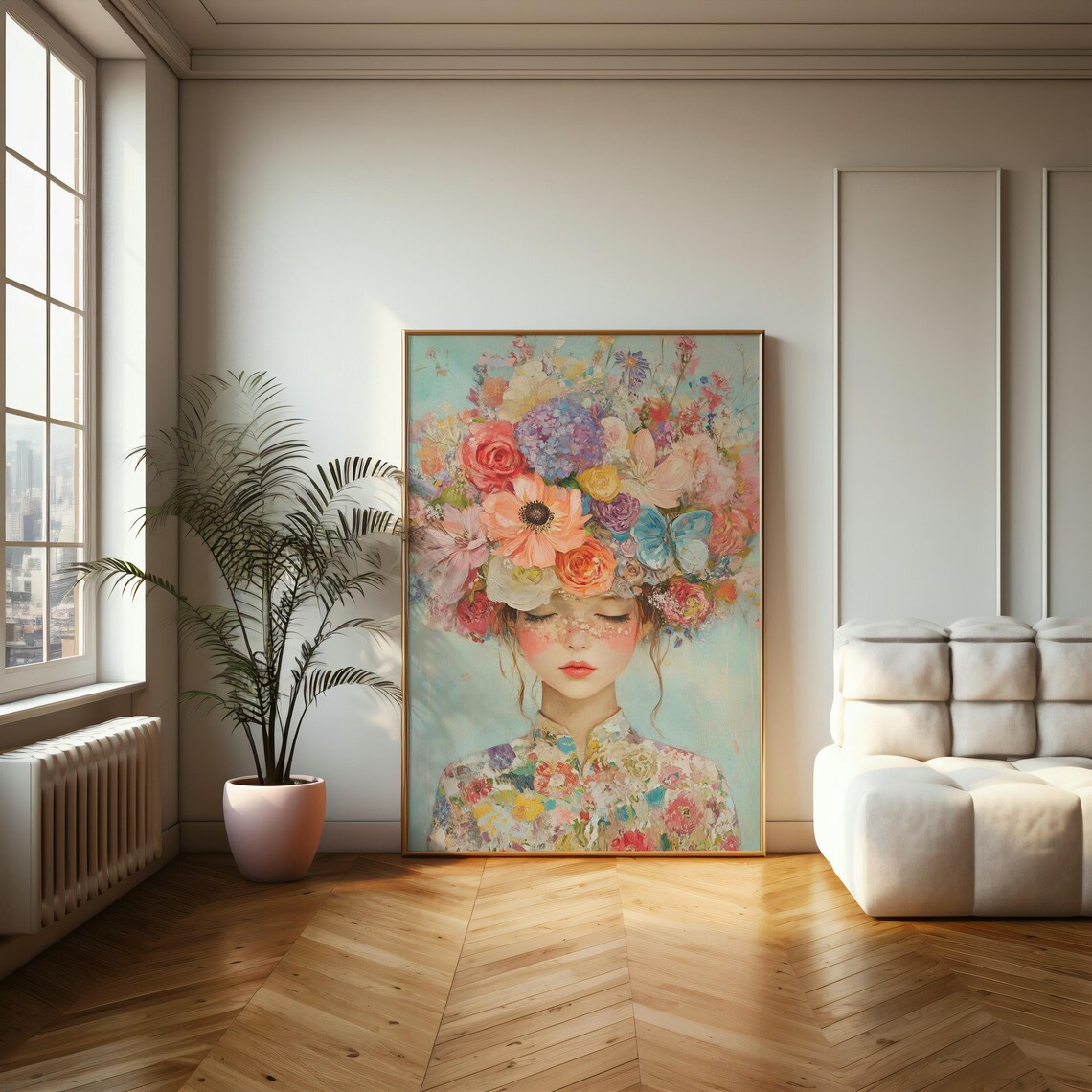 Woman with Floral Headdress Pastel Romantic Portrait Wall Poster - Image 2