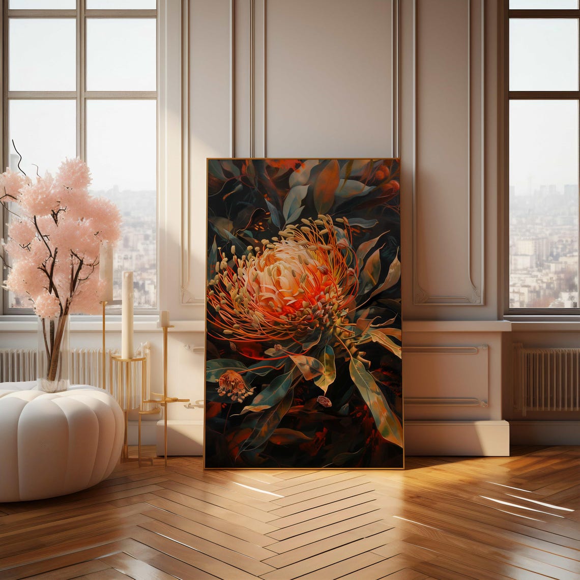 Golden Pincushion Protea Glowing Bright on Dark Foliage Poster - Image 4