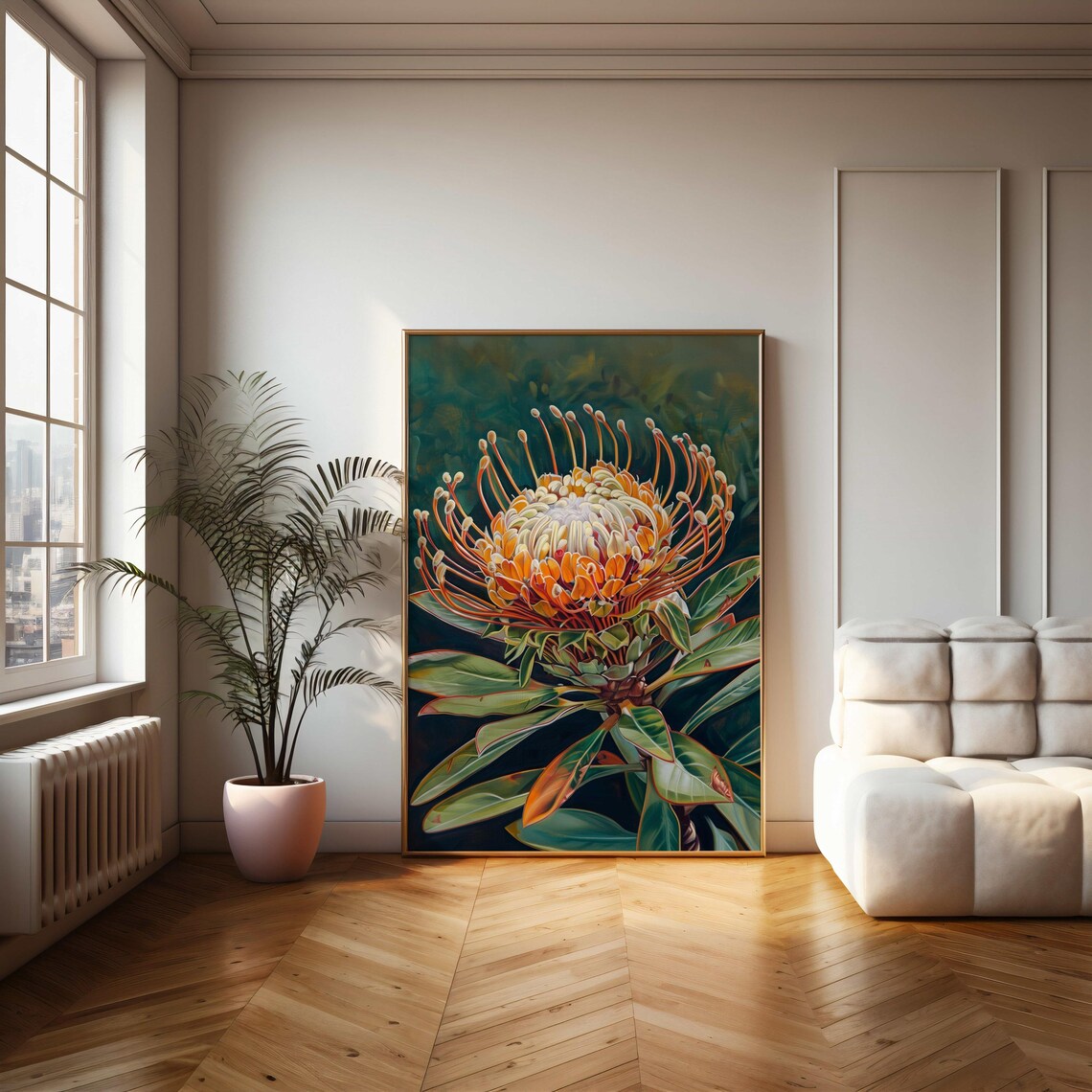 Orange Protea Flower Close-Up Dark Green Botanical Painting Poster - Image 2