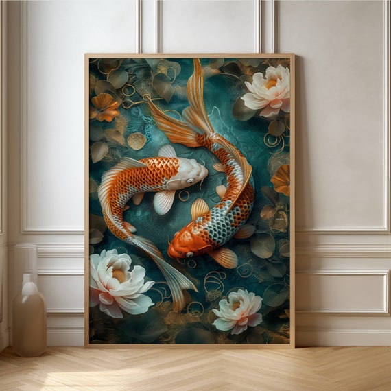 Koi Fish In A Pond With Flowers Symmetrical Harmony Realistic Style Poster