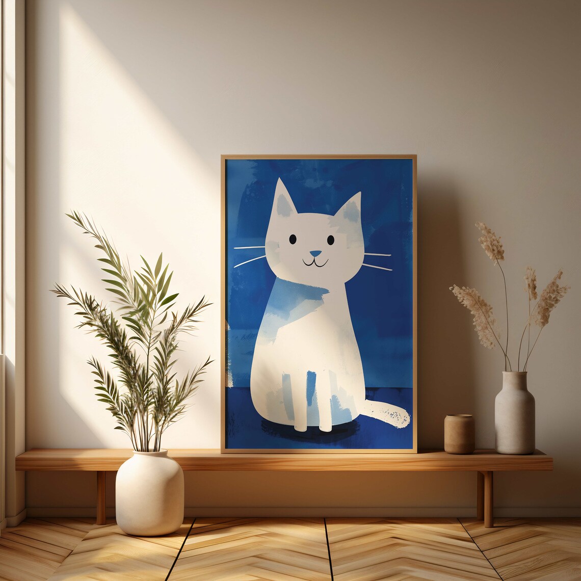 Smiling White Cat On Deep Blue Watercolor Whimsical Art Poster - Image 3