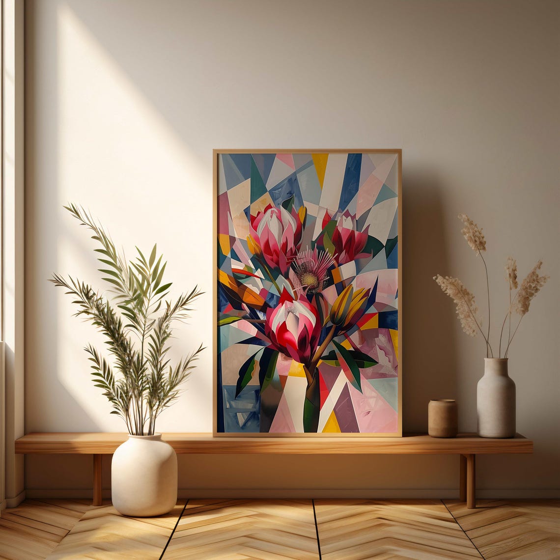 Fragmented Cubist Protea Bouquet Pink Pastel Mosaic Artwork Poster - Image 3