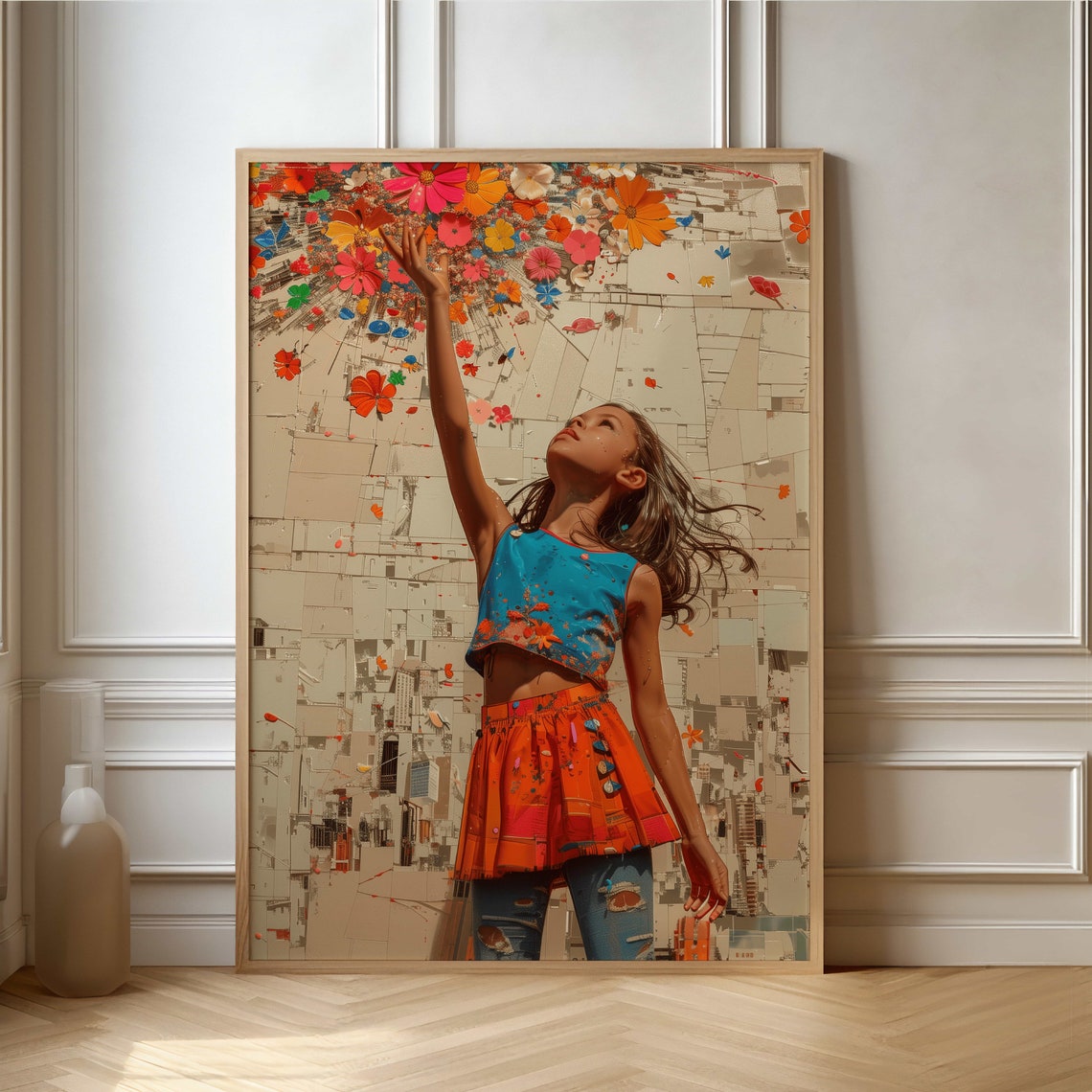 Joyful Child Tossing Flowers Urban Collage Whimsy Art Poster