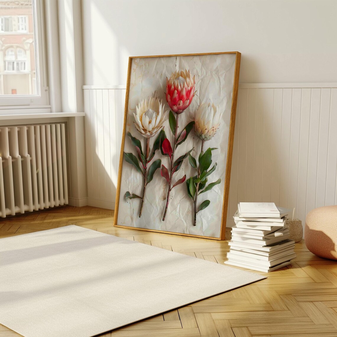 White And Red King Protea Blooms Crumpled Paper Style Art Print - Image 5