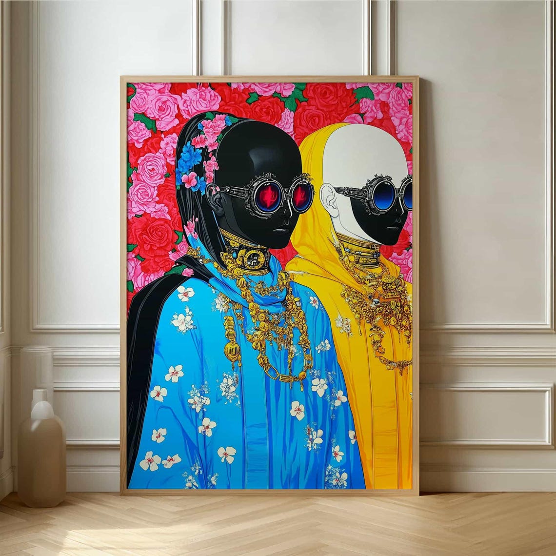 Bold Pop Art Duo in Steampunk Goggles Against Pink Roses Poster