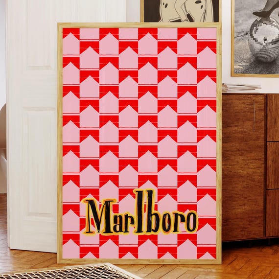 Retro Bar Cart Art Pink Wall Poster Marlboro Print Funky Decor Vintage Matchbox Bedroom Trendy