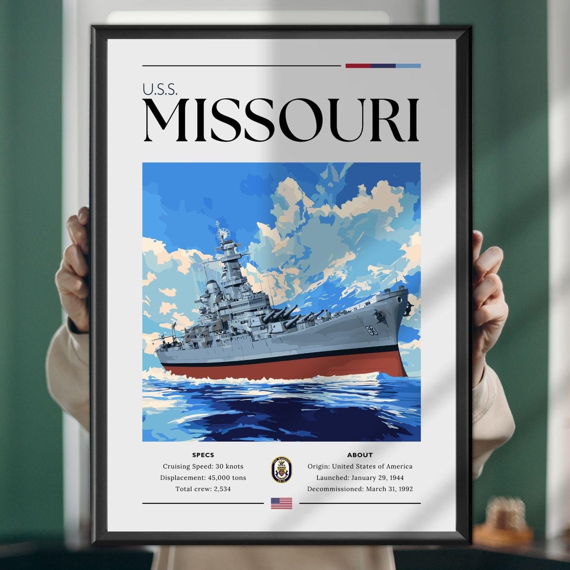 USS Missouri Battleship WWII Naval History Spec Sheet Poster