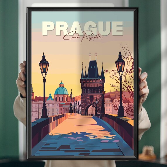 Prague Charles Bridge at Sunset Lampposts Vintage Travel Poster