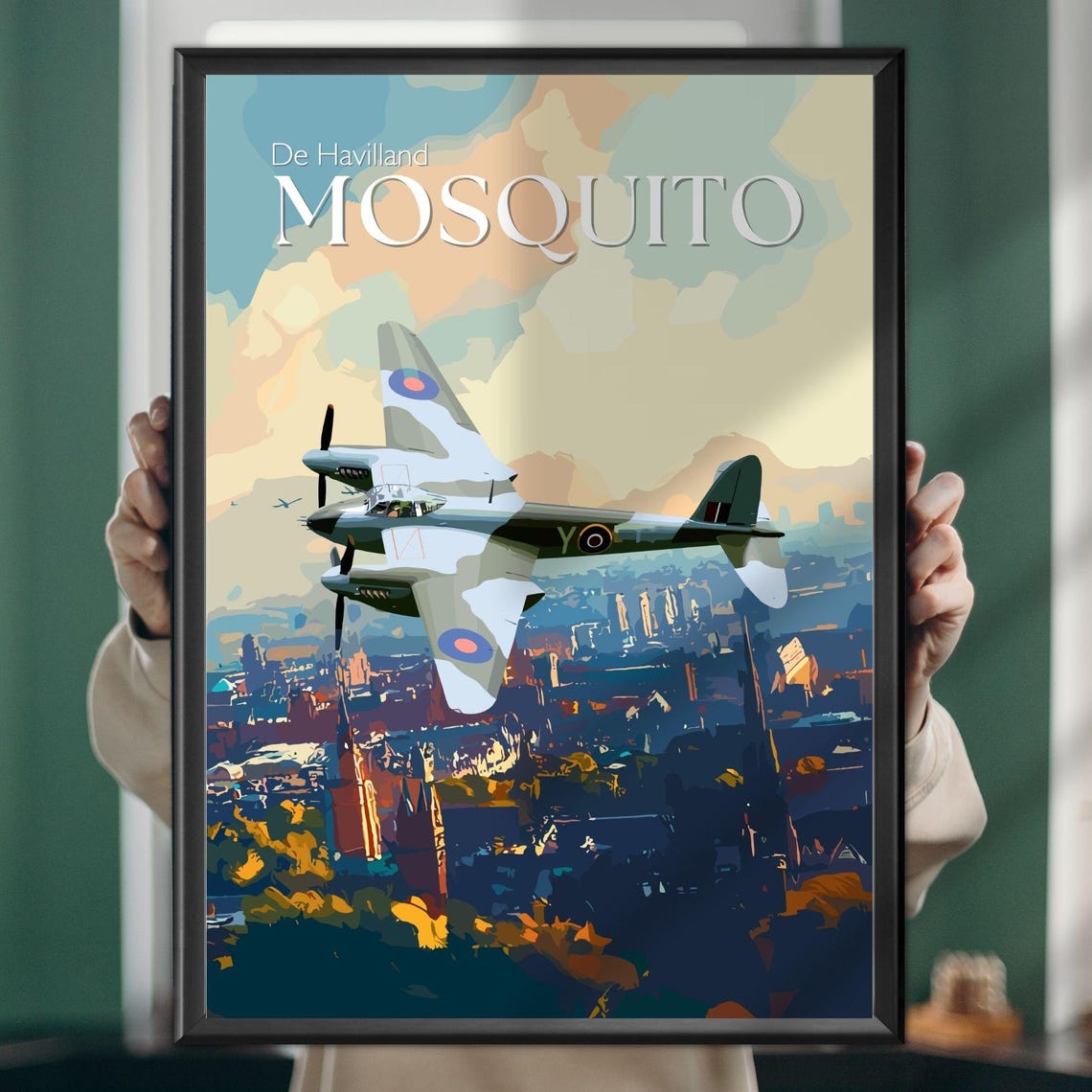 De Havilland Mosquito Over City Skyline Vintage Aviation Poster