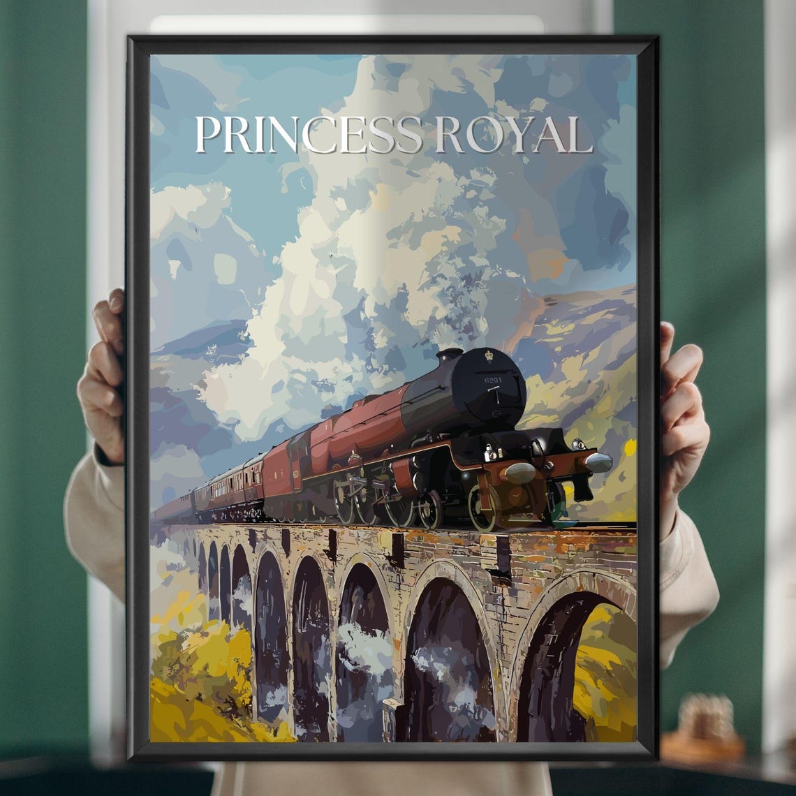 Princess Royal Red Steam Train Crossing Viaduct Locomotive Poster