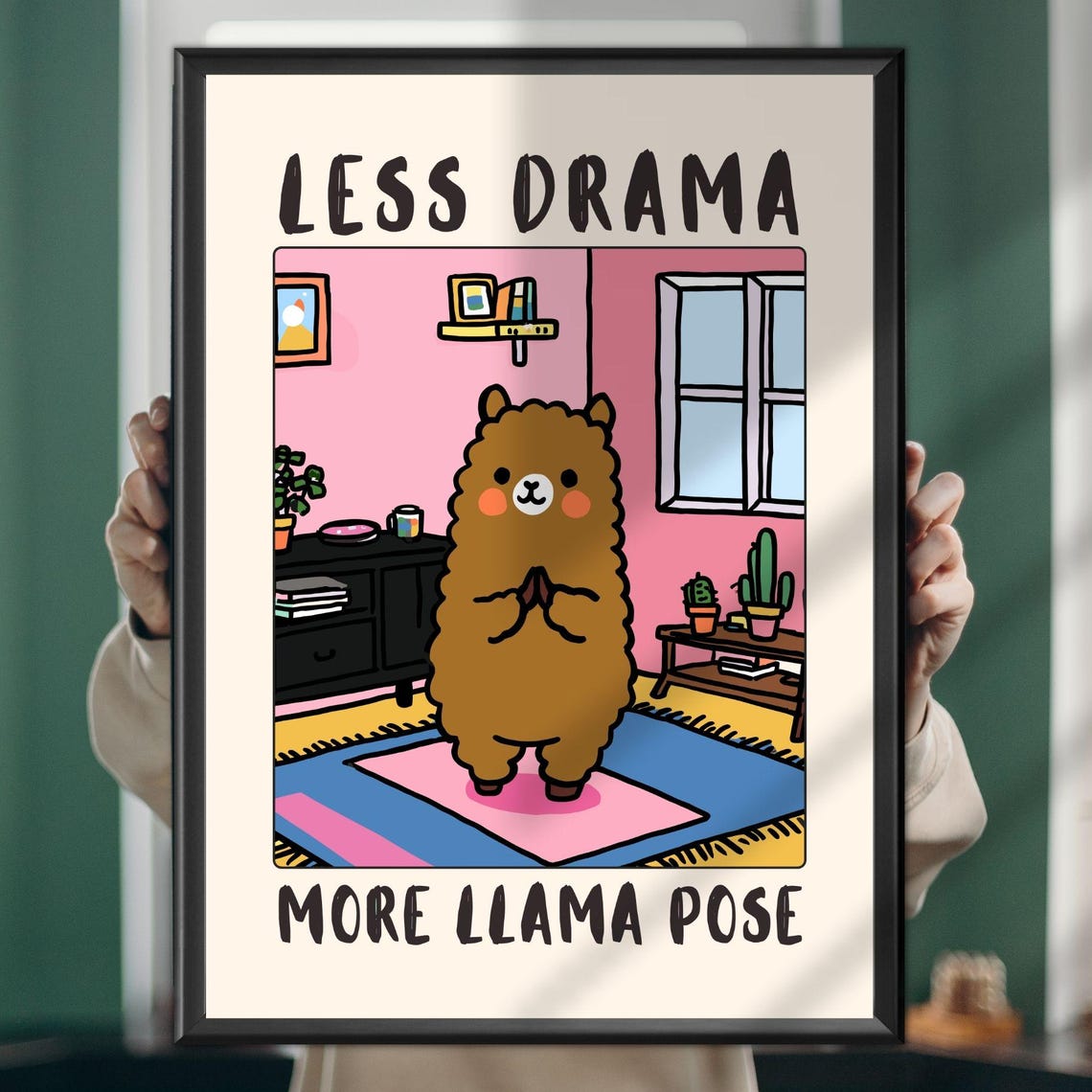 Less Drama More Llama Pose Funny Yoga Animal Cartoon Wall Poster