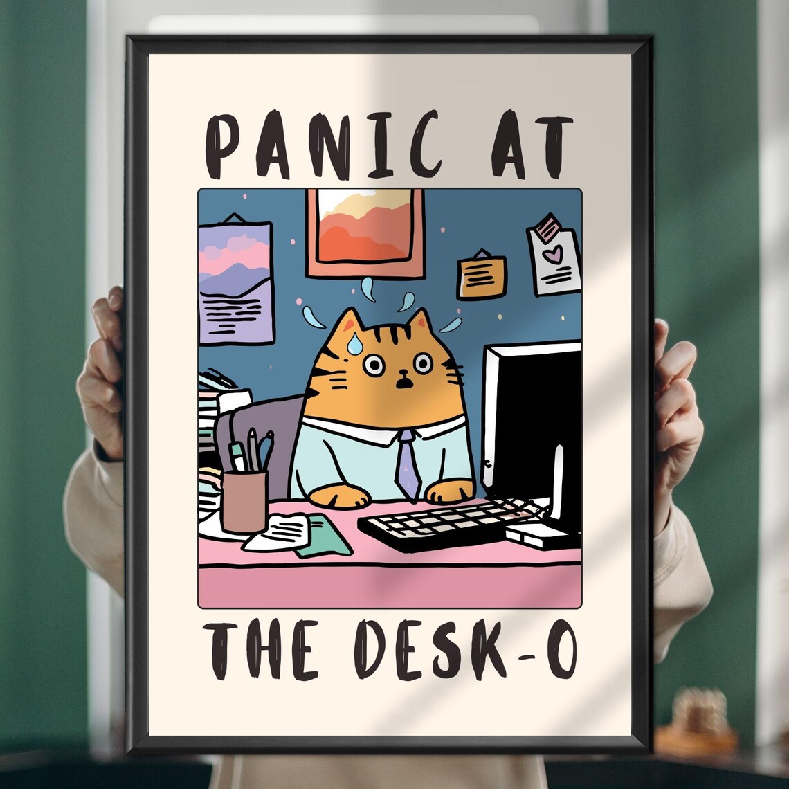 Panic At The Desko Cat Poster, Office Humor Art Print