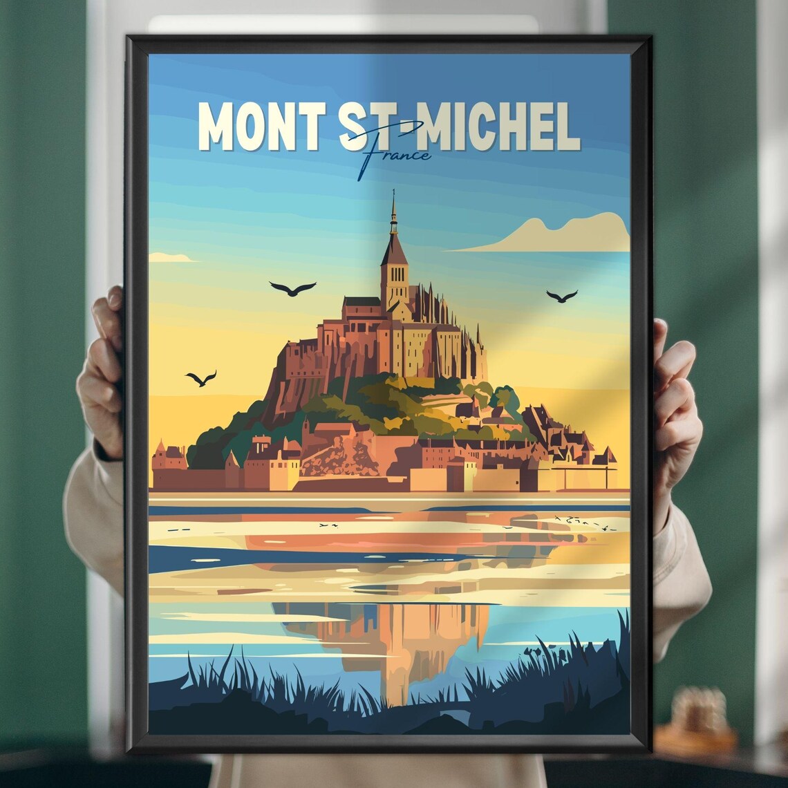 Mont Saint Michel Abbey Sunset Reflection Vintage Travel Poster