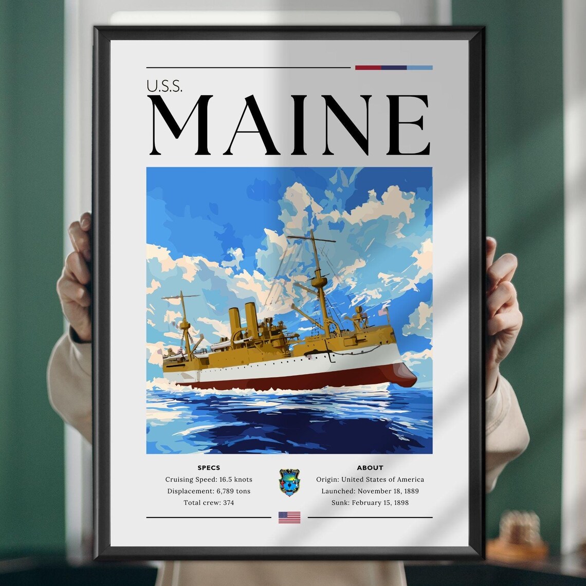USS Maine Historic 1898 Naval Warship History Spec Sheet Poster