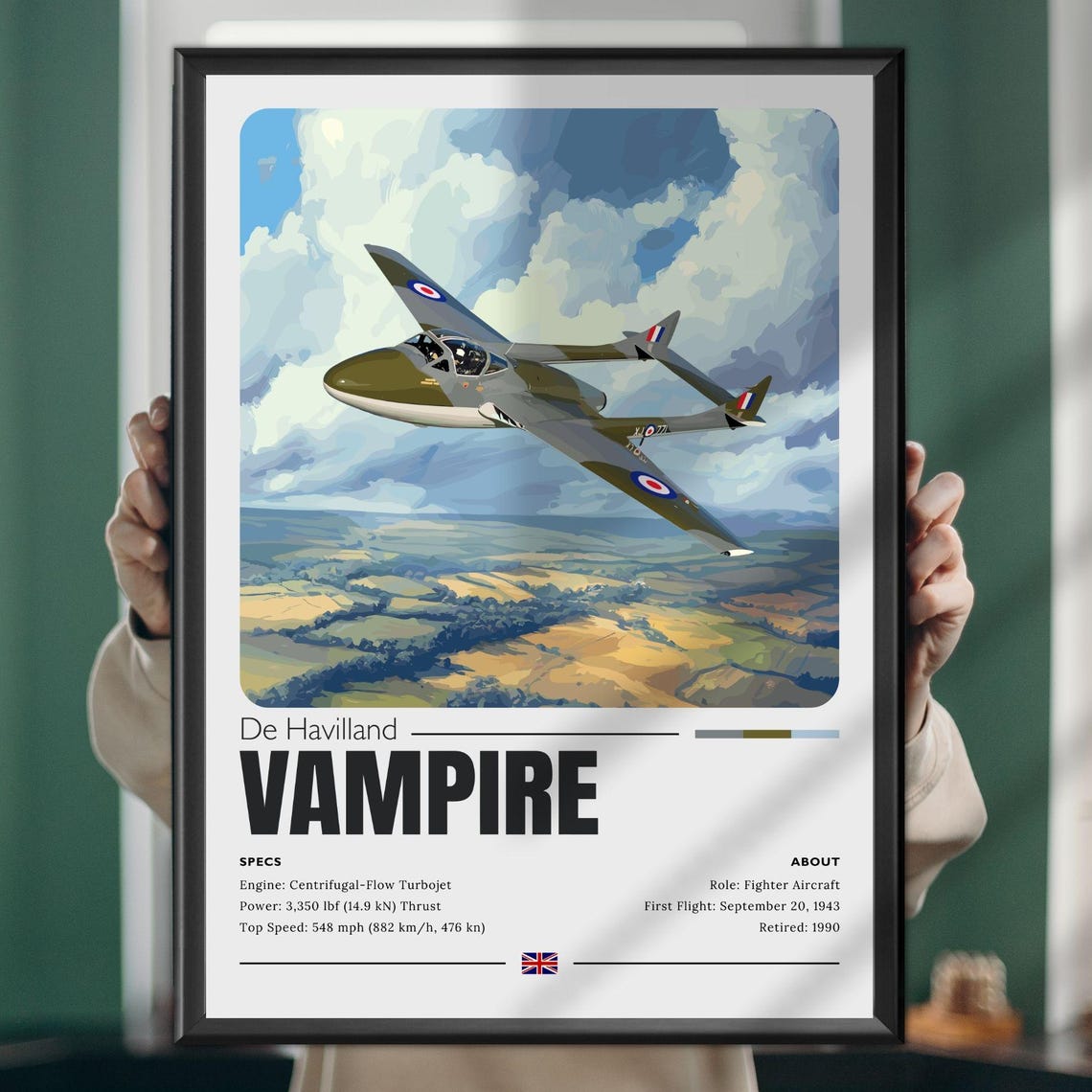 De Havilland Vampire British Twin Boom Jet Aircraft Art Poster