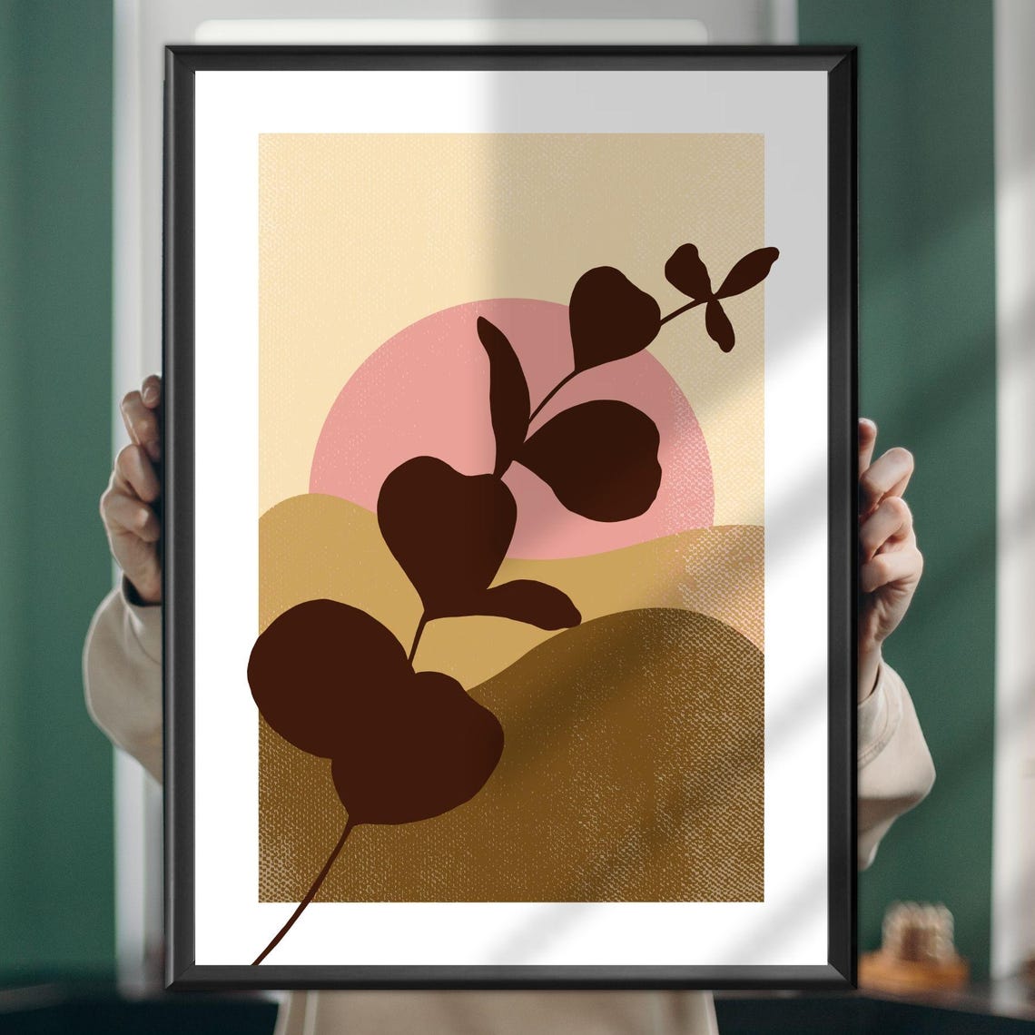 Boho Abstract Sun Print Pink Sun Brown Mountains Eucalyptus Art