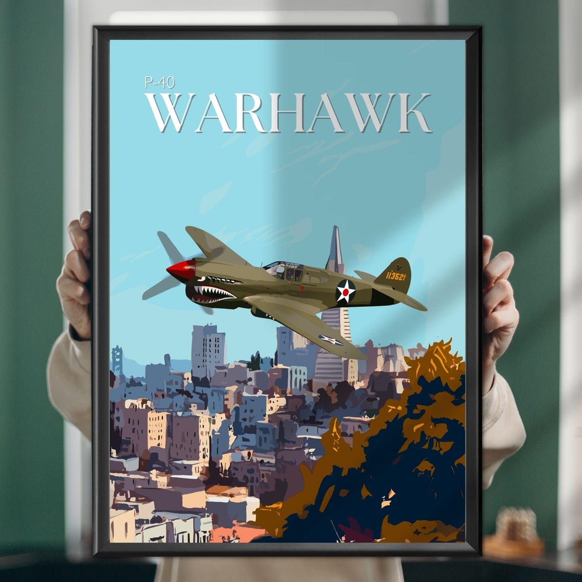 P-40 Warhawk Shark Mouth Fighter over San Francisco Aviation Poster