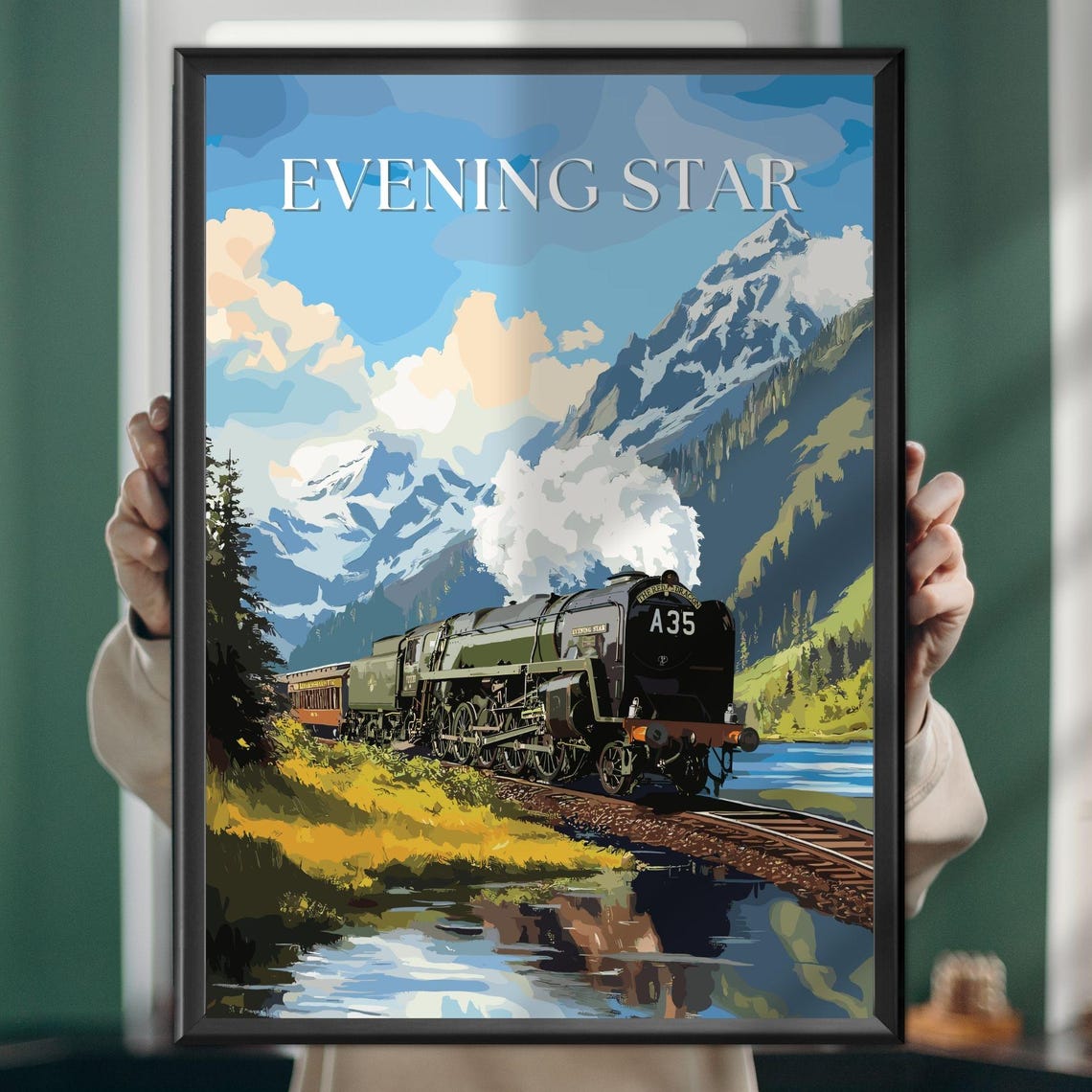 Evening Star A35 Steam Train Mountain Lake Sunset Art Poster