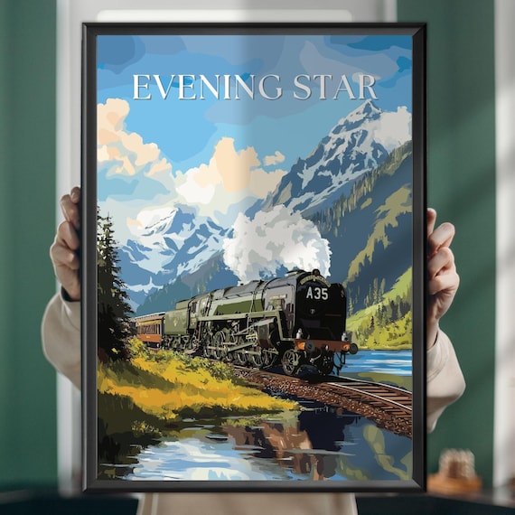 Evening Star A35 Steam Train Mountain Lake Sunset Art Poster