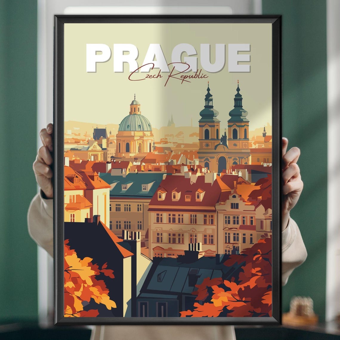 Prague Old Town Autumn Rooftops Vintage Travel Illustration Poster