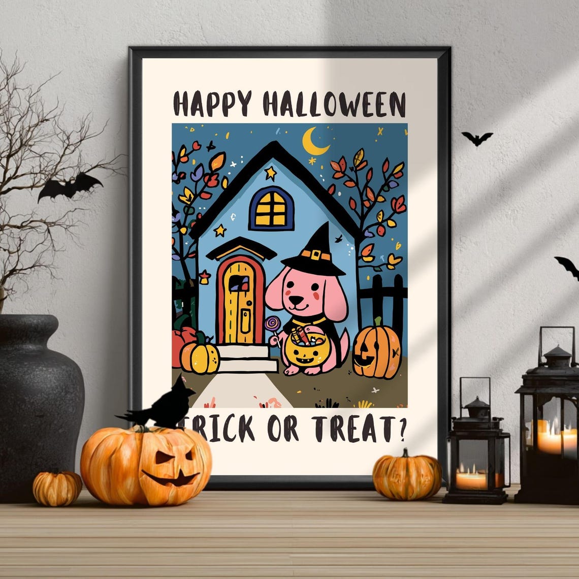 Happy Halloween Dog Poster Spooky Wall Art Print Cute Decor For Party Home Or Office Decorations
