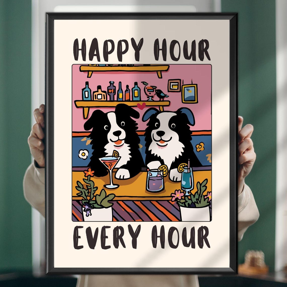 Happy Hour Every Hour Funny Border Collie Pair at the Bar Poster