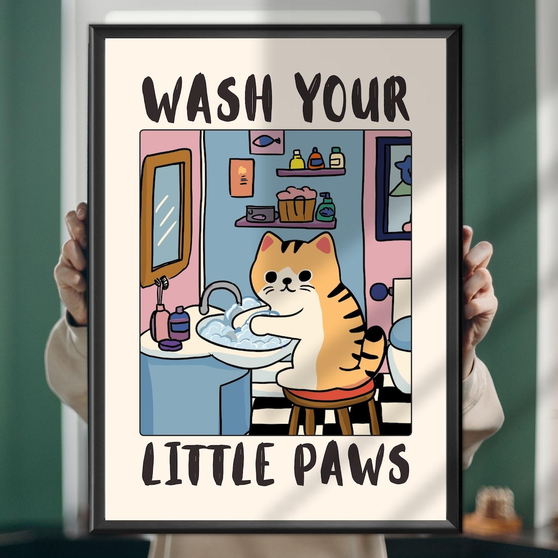 Wash Your Little Paws Cat Poster, Funny Bathroom Decor