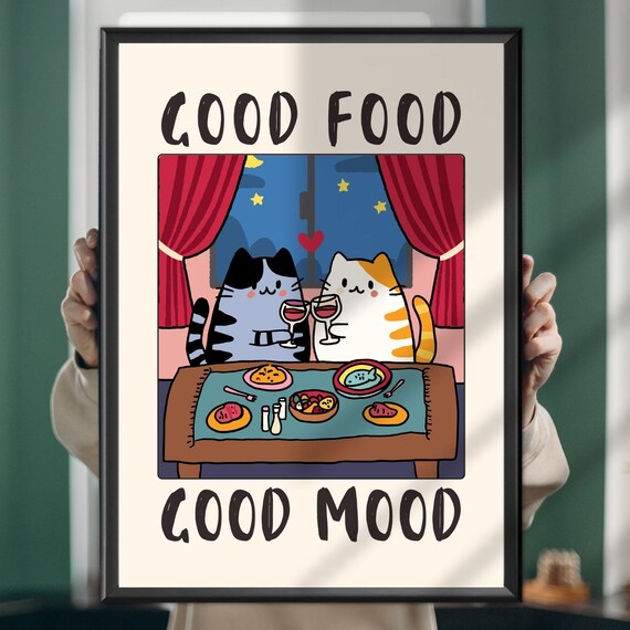 Good Food Good Mood Cartoon Cats Dinner Table Funny Quote Poster