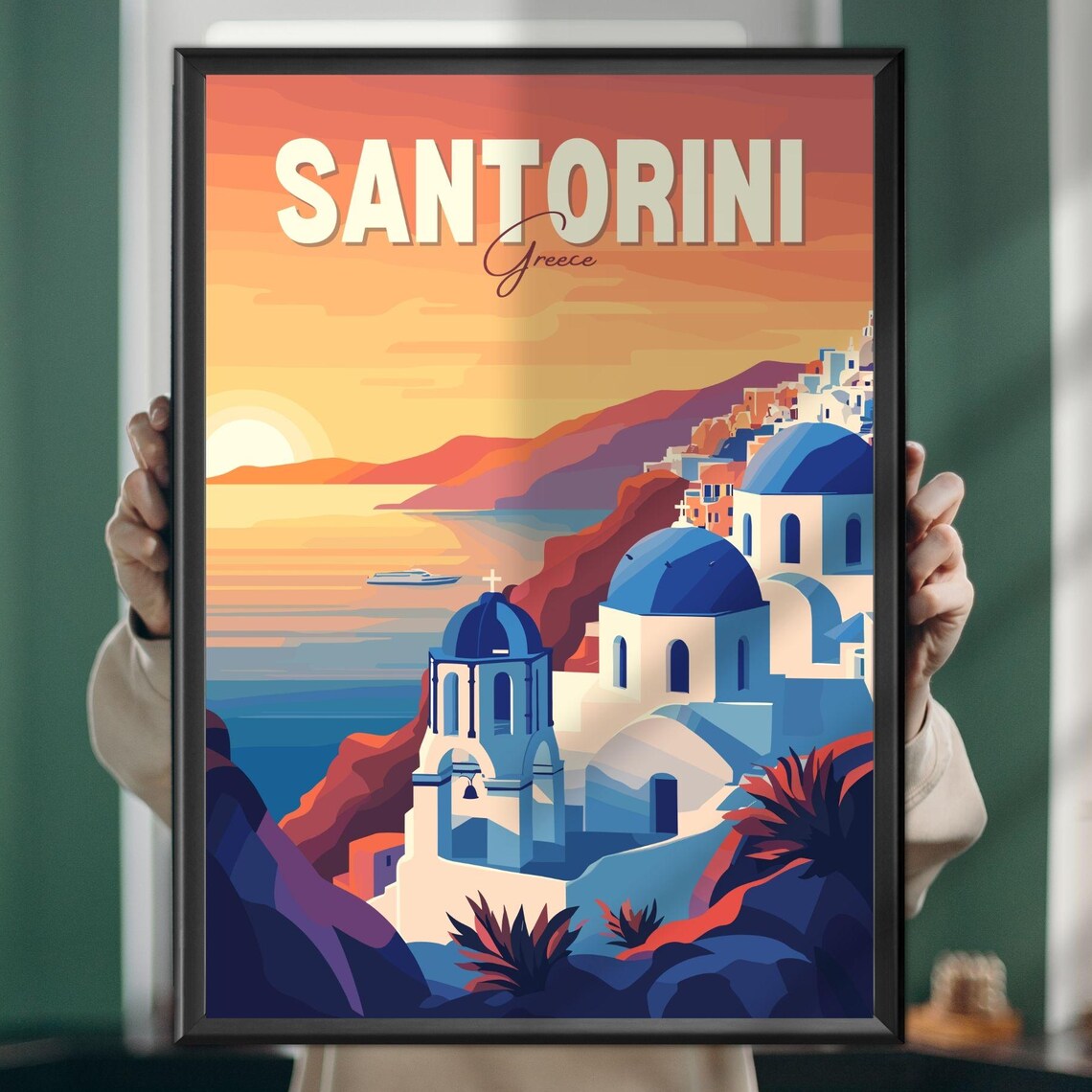 Santorini Greece Sunset Blue Dome Churches Travel Poster Art
