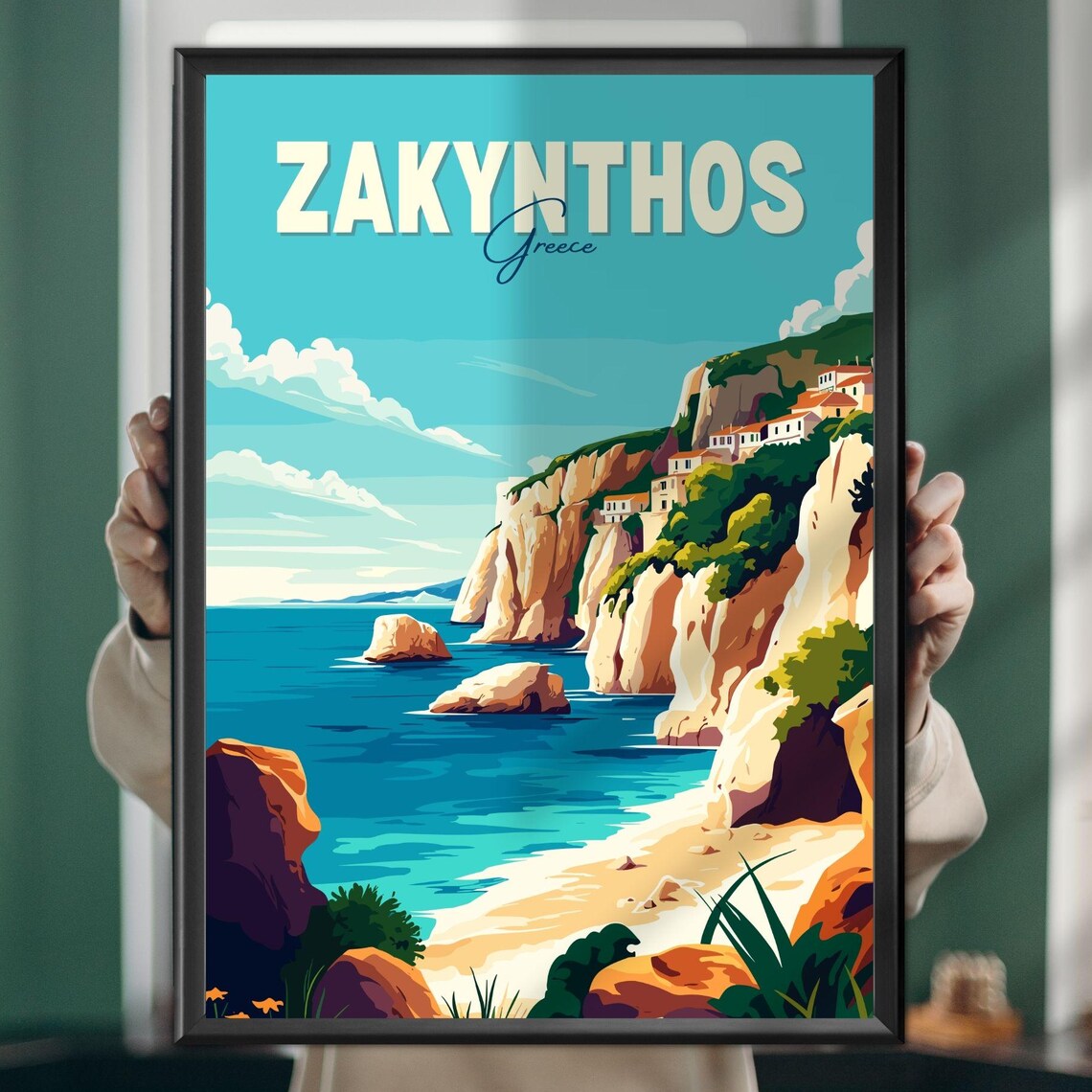 Zakynthos Greece Cliffs And Turquoise Sea Vintage Travel Poster