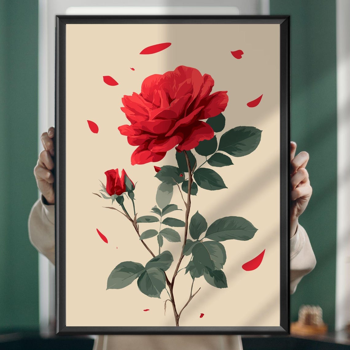Red Rose With Falling Petals Vintage Style Botanical Art Poster