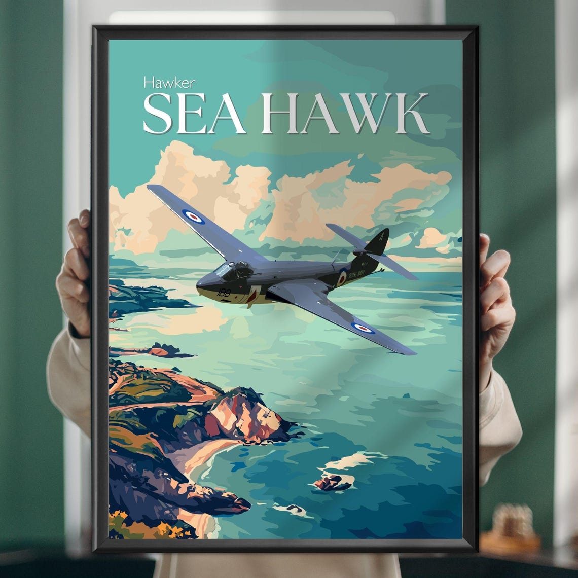 Hawker Sea Hawk British Navy Jet Over Coastline Aviation Poster