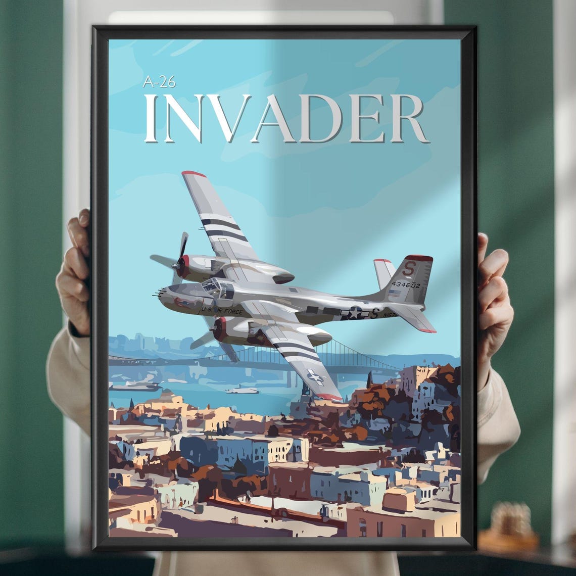 A-26 Invader over San Francisco Golden Gate WWII Aviation Poster